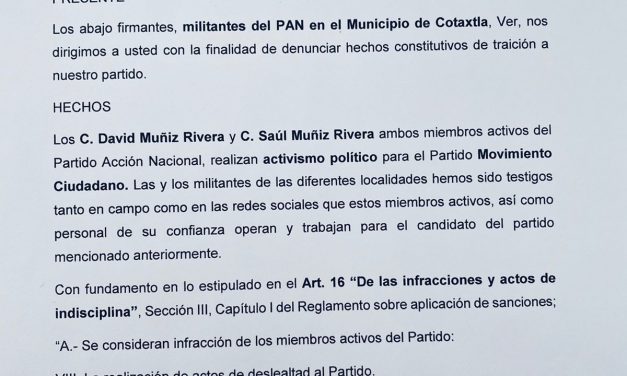 Denuncian panistas de Cotaxtla que alcalde del mismo partido apoya a candidato de MC