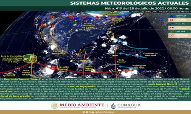 Se pronostican lluvias puntuales muy fuertes en Durango, Sinaloa, Nayarit, Jalisco, Michoacán, Colima, Oaxaca y Chiapas