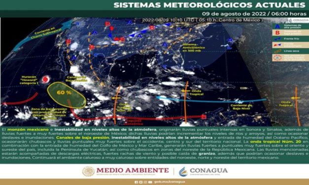 Se prevén lluvias puntuales intensas que podrían generar deslaves e inundaciones en zonas de Sonora y Sinaloa