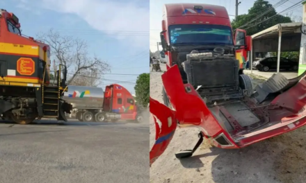 Por querer ganarle el paso, chocan tráiler y tren en Veracruz