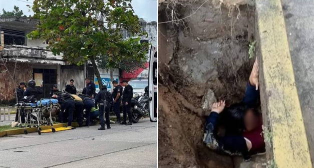 Embarazada queda atrapada al caer en enorme socavón de Coatzacoalcos, Veracruz