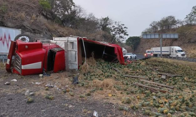 VUELCA CAMIÓN CARGADO DE PIÑA EN LA TINAJA