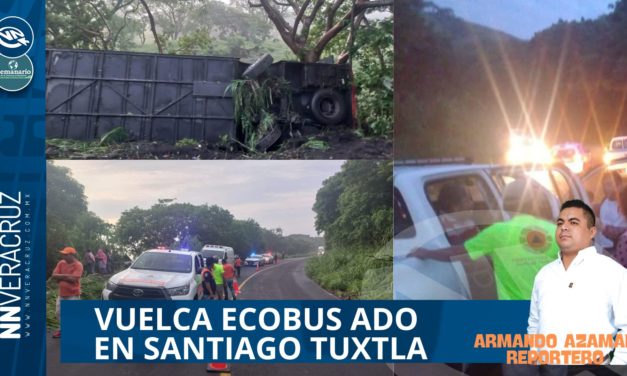 VUELCA UN AUTOBUS ADO SOBRE LA CARRETERA 180 EN SANTIAGO TUXTLA